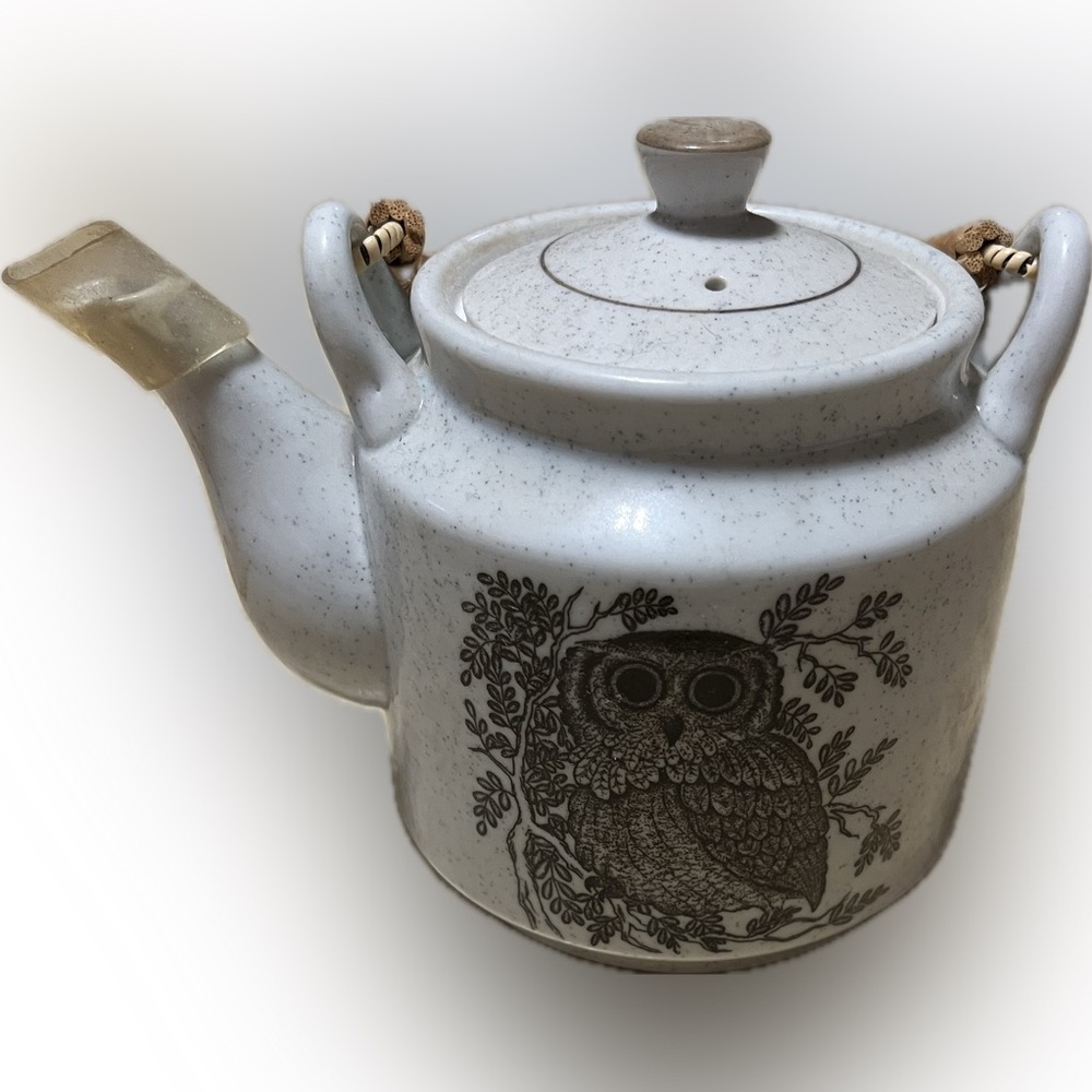 Vintage Otagiri Owl Tea Pot Porcelain Speckled Handcrafted Bamboo Handle Japan